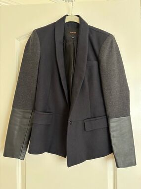 Maje Black Wool Blazer with leather sleeves